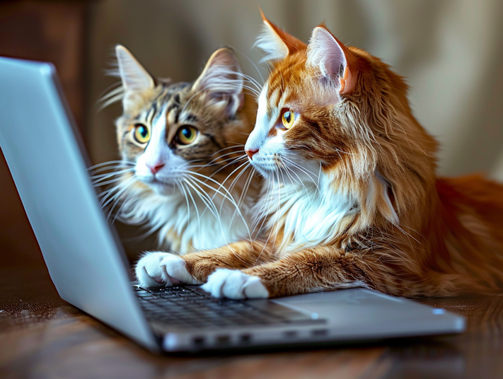 zwei katzen am laptop